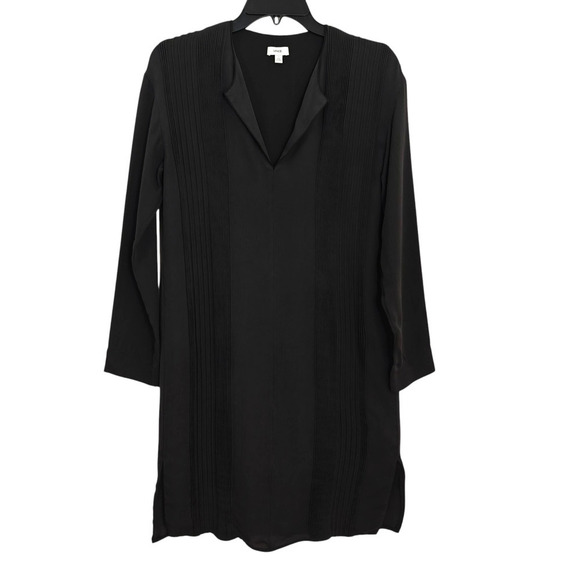 Vince Silk Pintuck Pleats Shift Dress Womens Size 4 Black V-Neck Long Sleeves - Picture 2 of 13